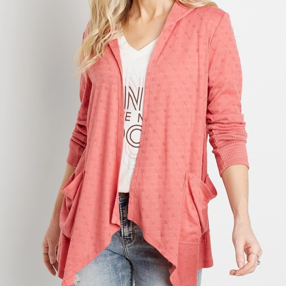 Maurices Women M Coral Swiss Dot Casual Pockets Open Front Hooded Cardigan - Picture 1 of 12